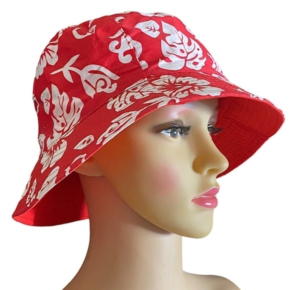 Printed Bucket Hat Red & White All-Over Palm Leaves Bucket Hat OS NEW - Picture 1 of 7